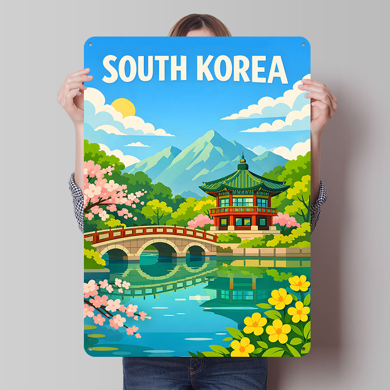 Desk Setup Vintage - Poster Perjalanan Korea Selatan, Papan Logam
